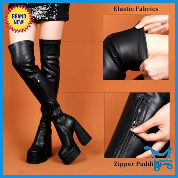 Platform Thigh High Boots Chunky Heel Over Knee Stretch Square Toe
